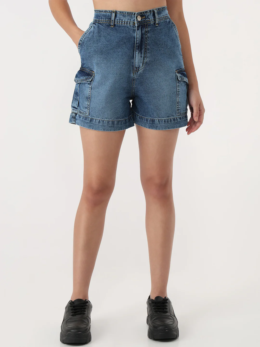 Women Blue High-Rise Cargo Shorts - Image 2