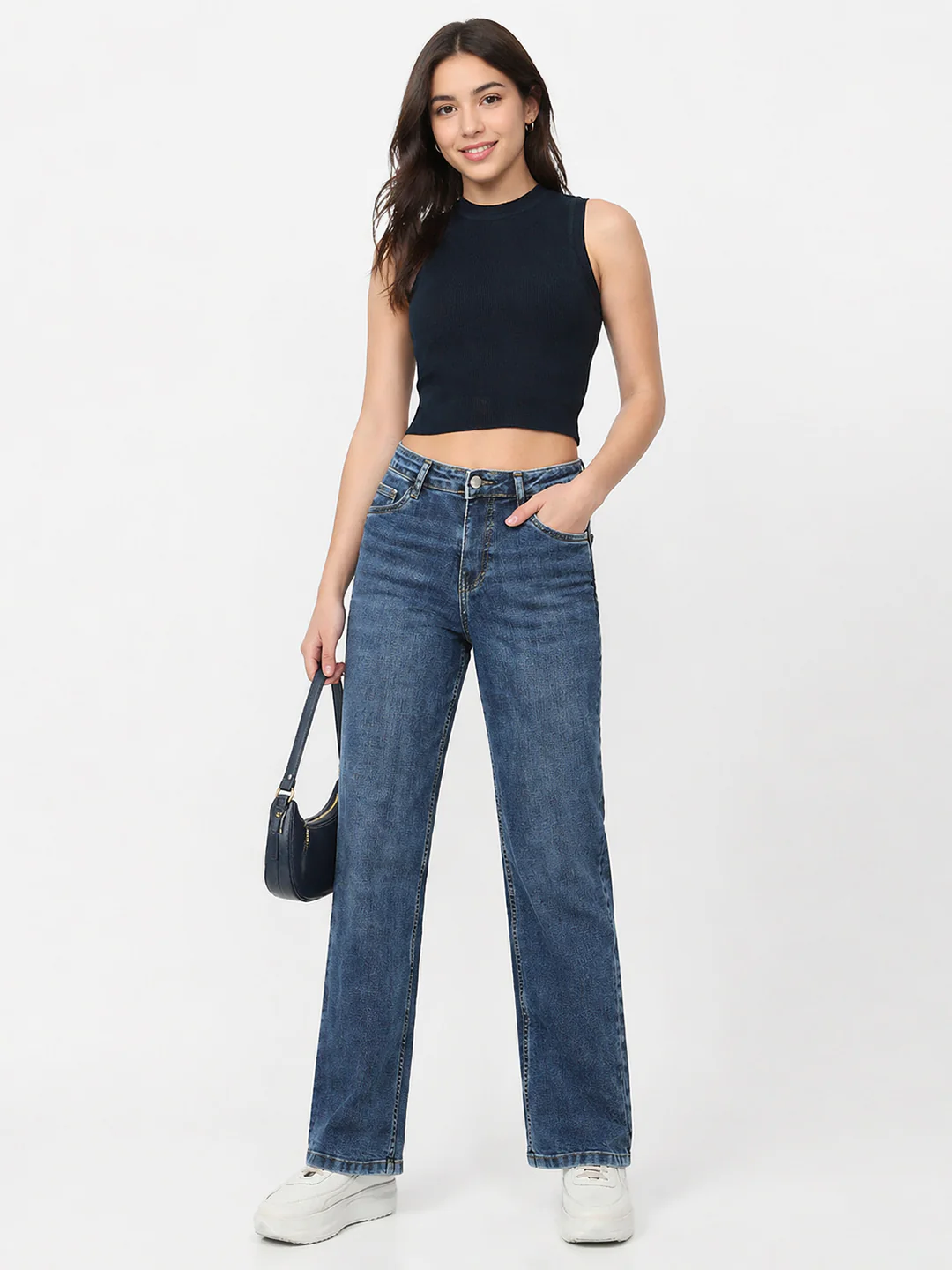 Women Blue High-Rise Crop Wide Leg Jeans