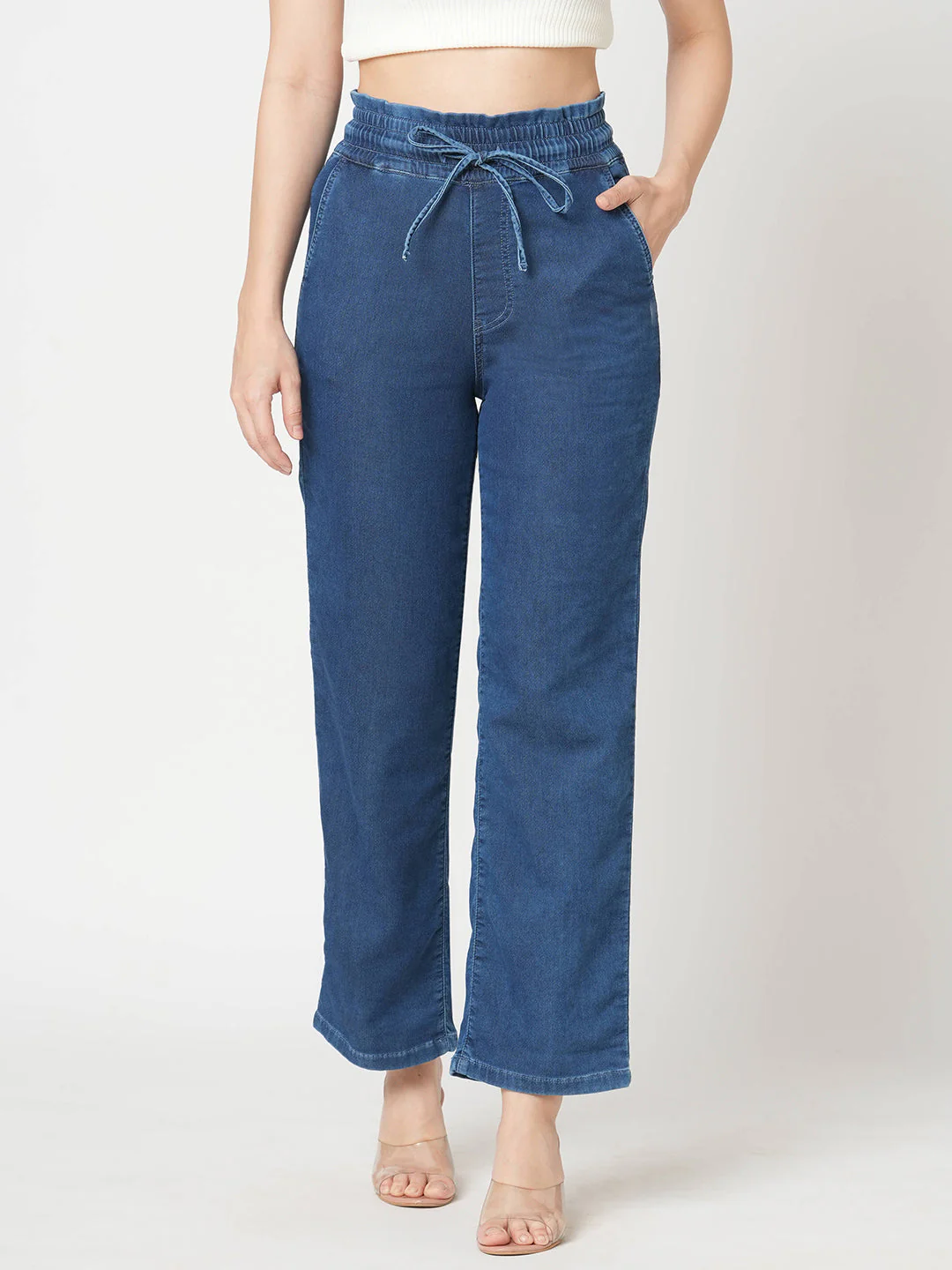 Women Blue High-Rise Denim Joggers