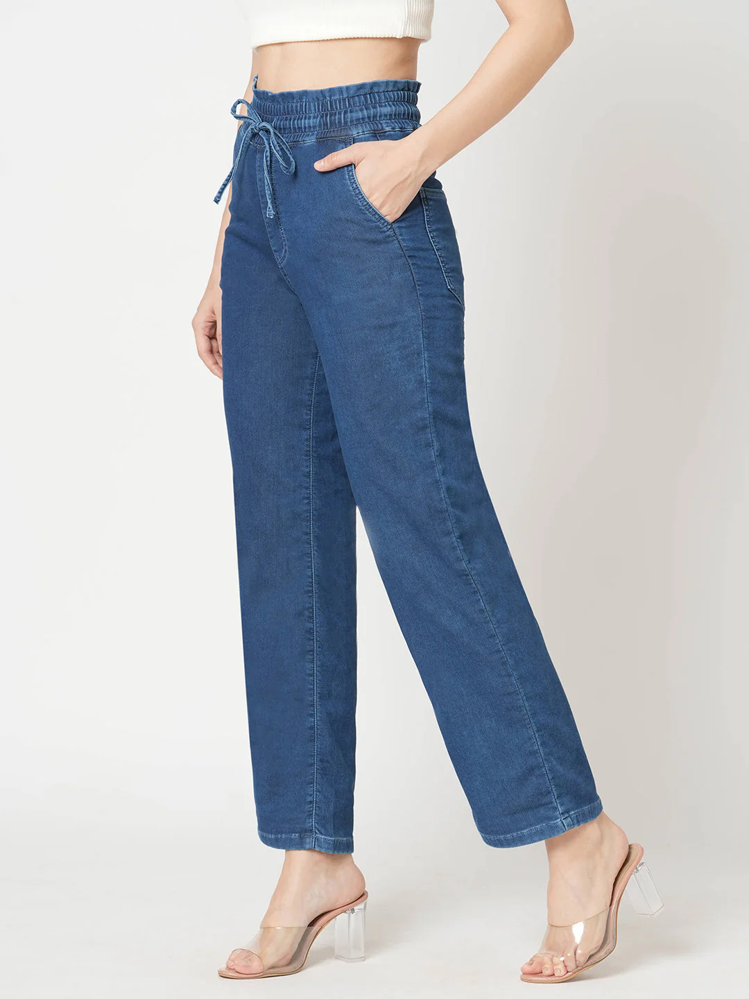 Women Blue High-Rise Denim Joggers - Image 2