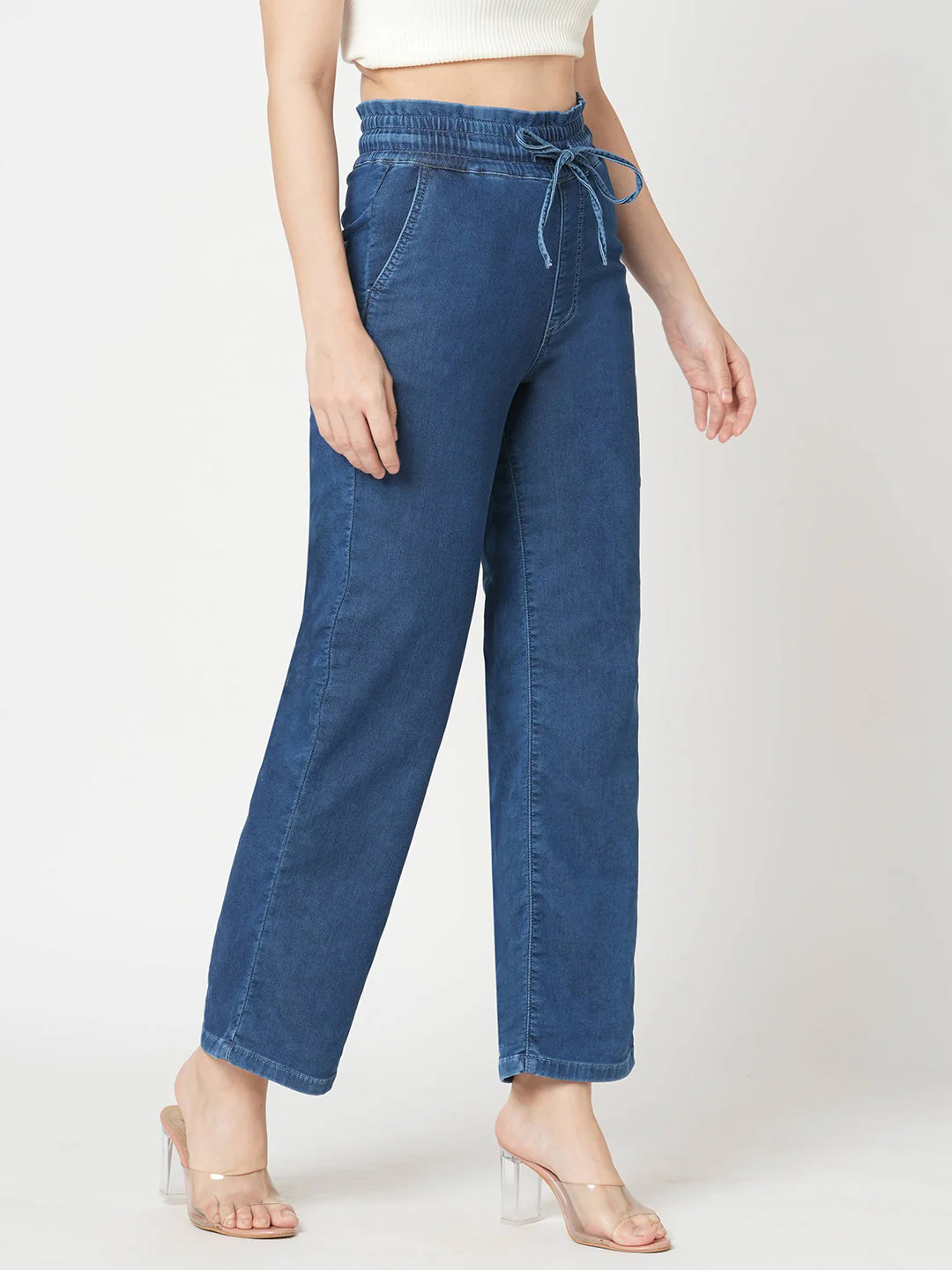 Women Blue High-Rise Denim Joggers - Image 3