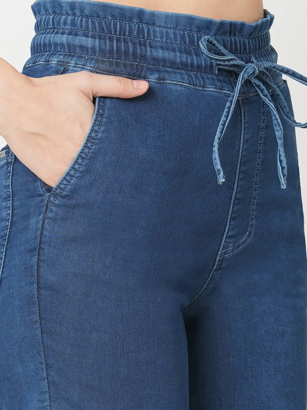 Women Blue High-Rise Denim Joggers - Image 4
