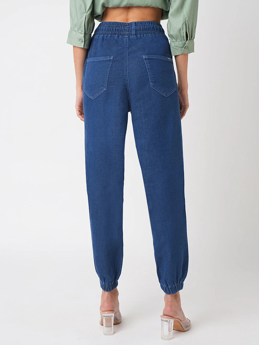 Women Blue High-Rise Denim Joggers - Image 3