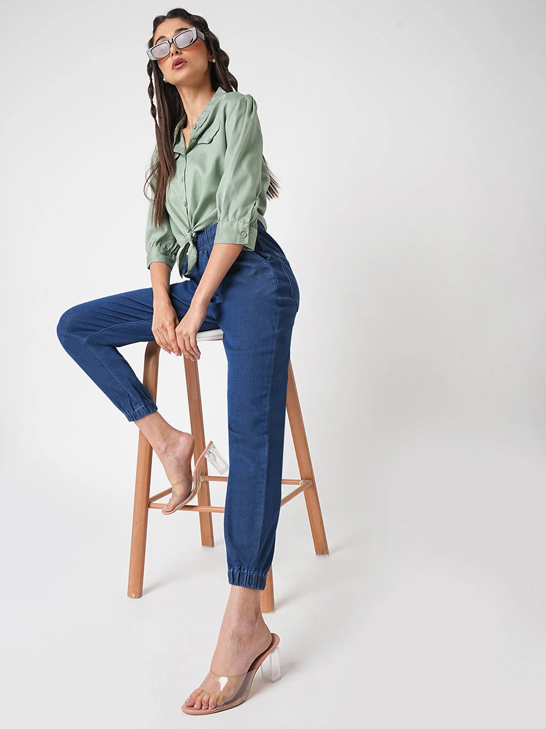 Women Blue High-Rise Denim Joggers - Image 4