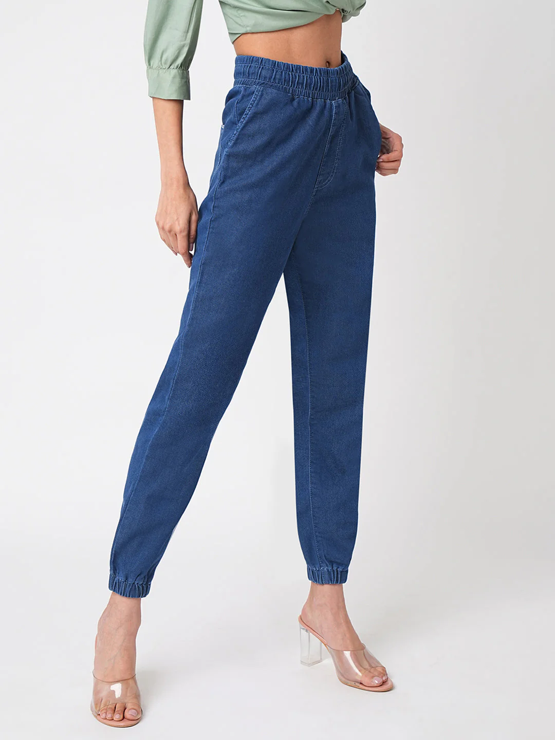 Women Blue High-Rise Denim Joggers - Image 5