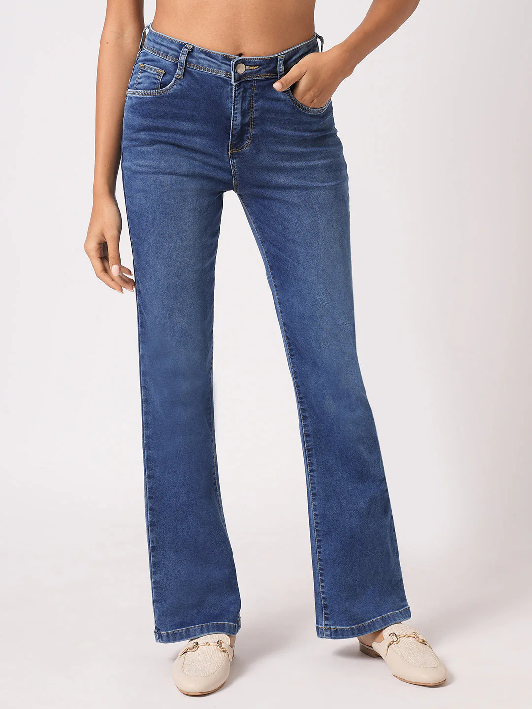 Women Blue High-Rise Mini Flare Jeans - Image 2