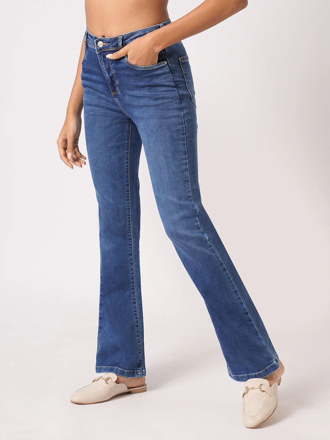 Women Blue High-Rise Mini Flare Jeans - Image 6