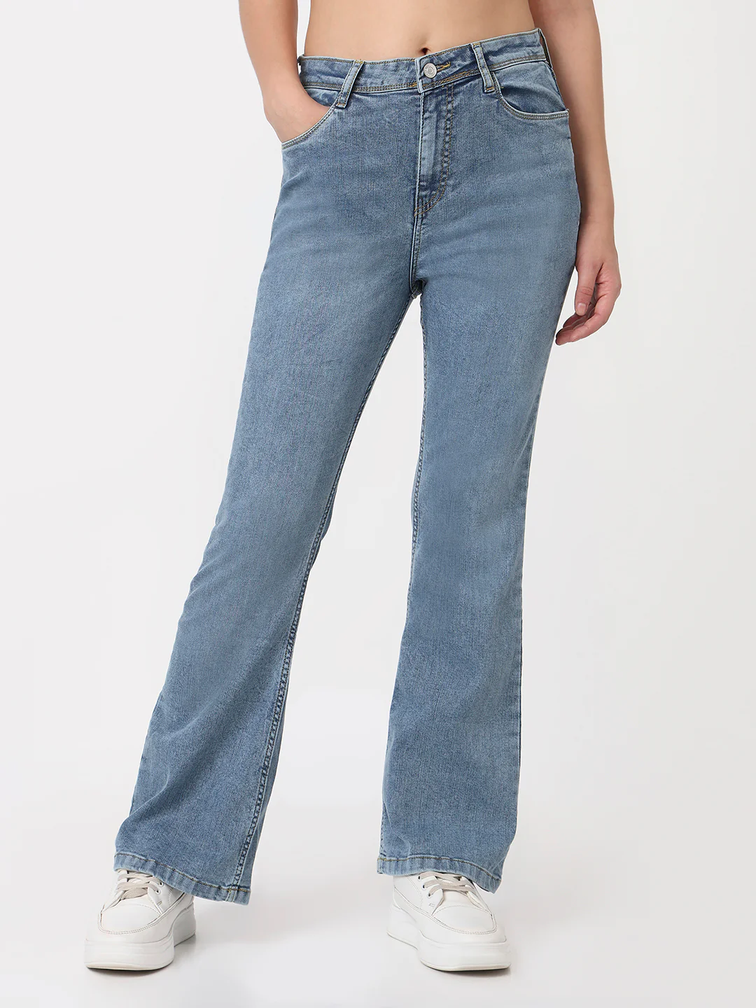 Women Blue High-Rise Mini Flare Jeans - Image 2