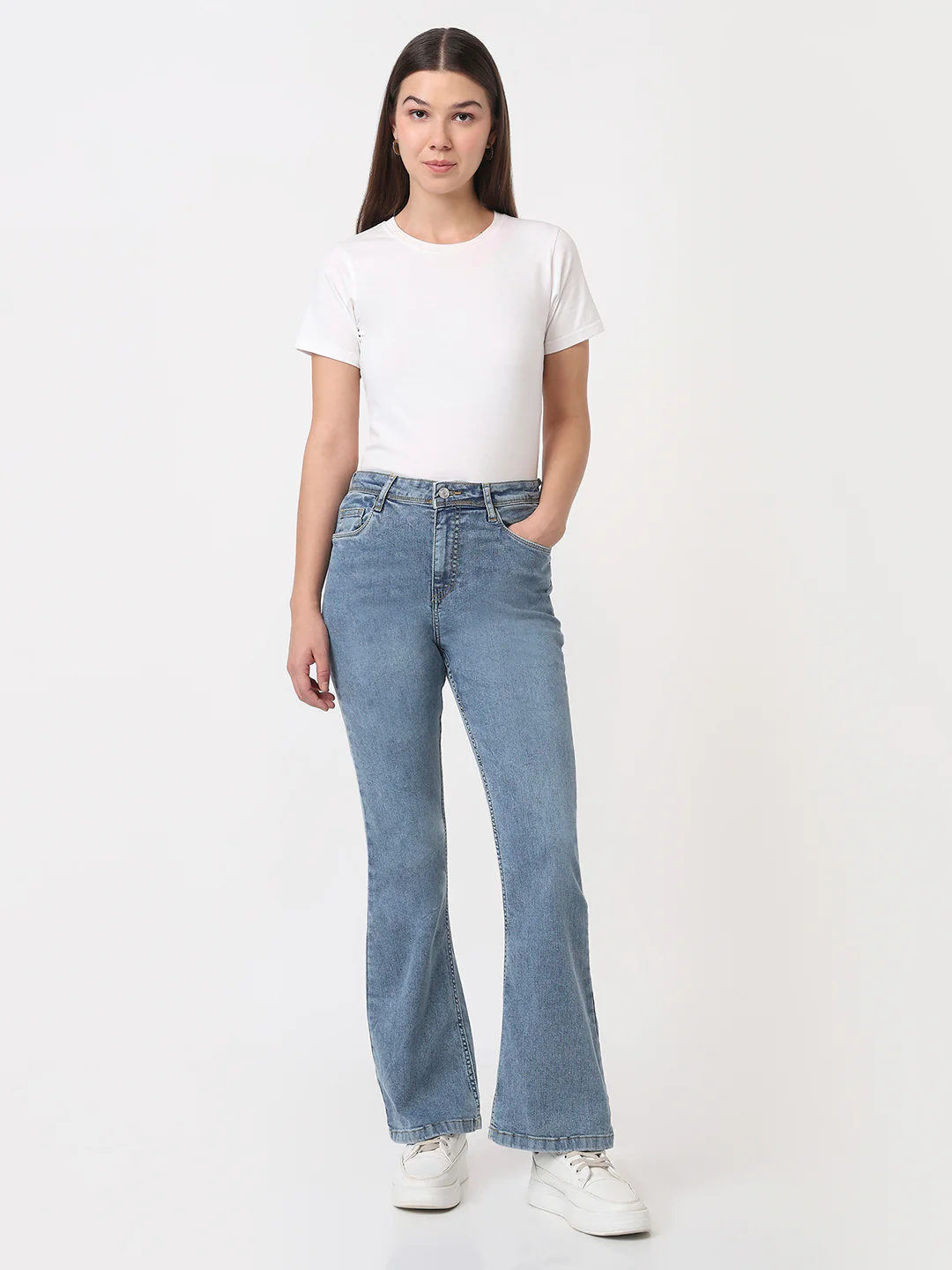 Women Blue High-Rise Mini Flare Jeans - Image 4