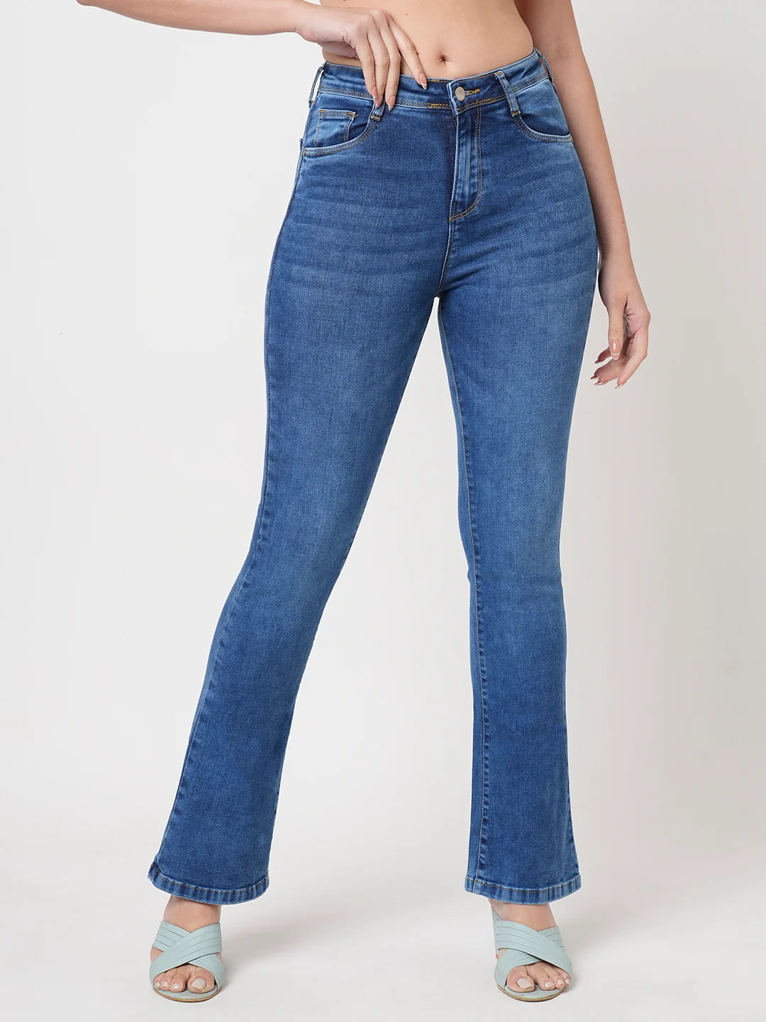 Women Blue High-Rise Mini Flare Jeans - Image 2