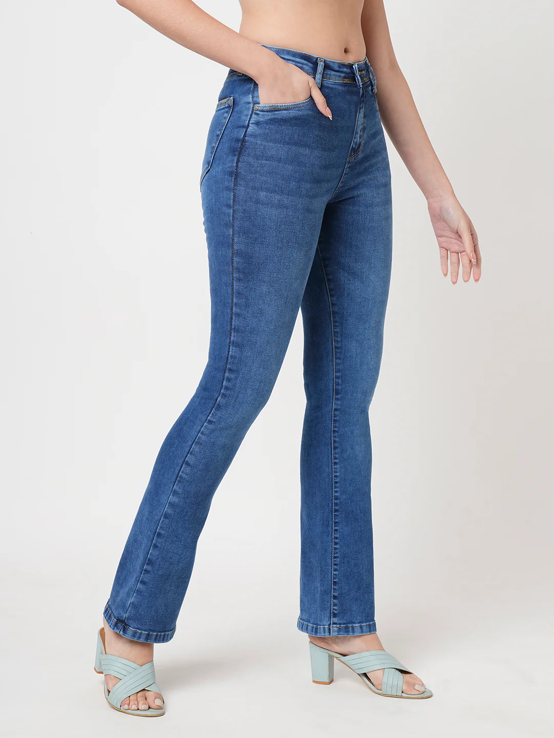 Women Blue High-Rise Mini Flare Jeans - Image 6