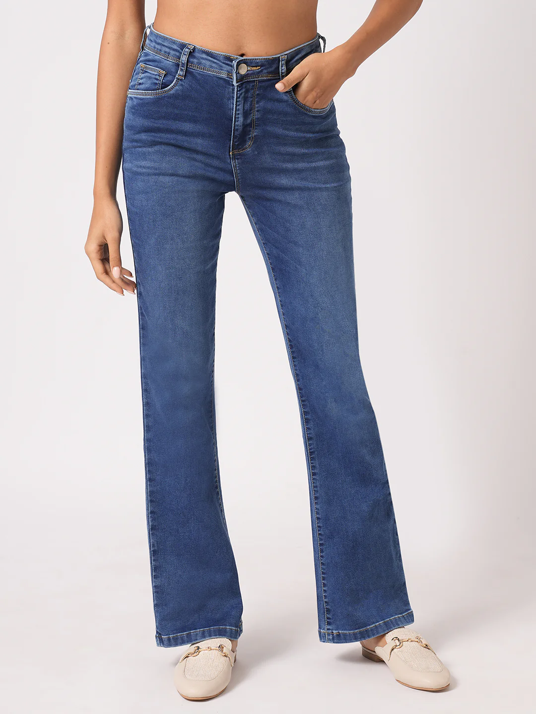 Women Blue High-Rise Mini Flare Jeans - Image 2