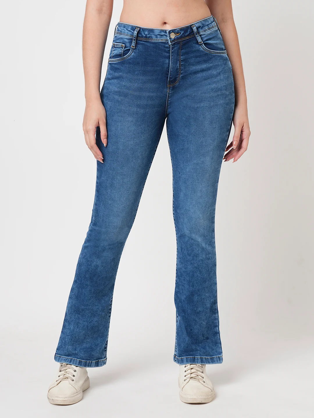 Women Blue High-Rise Mini Flare Jeans - Image 2