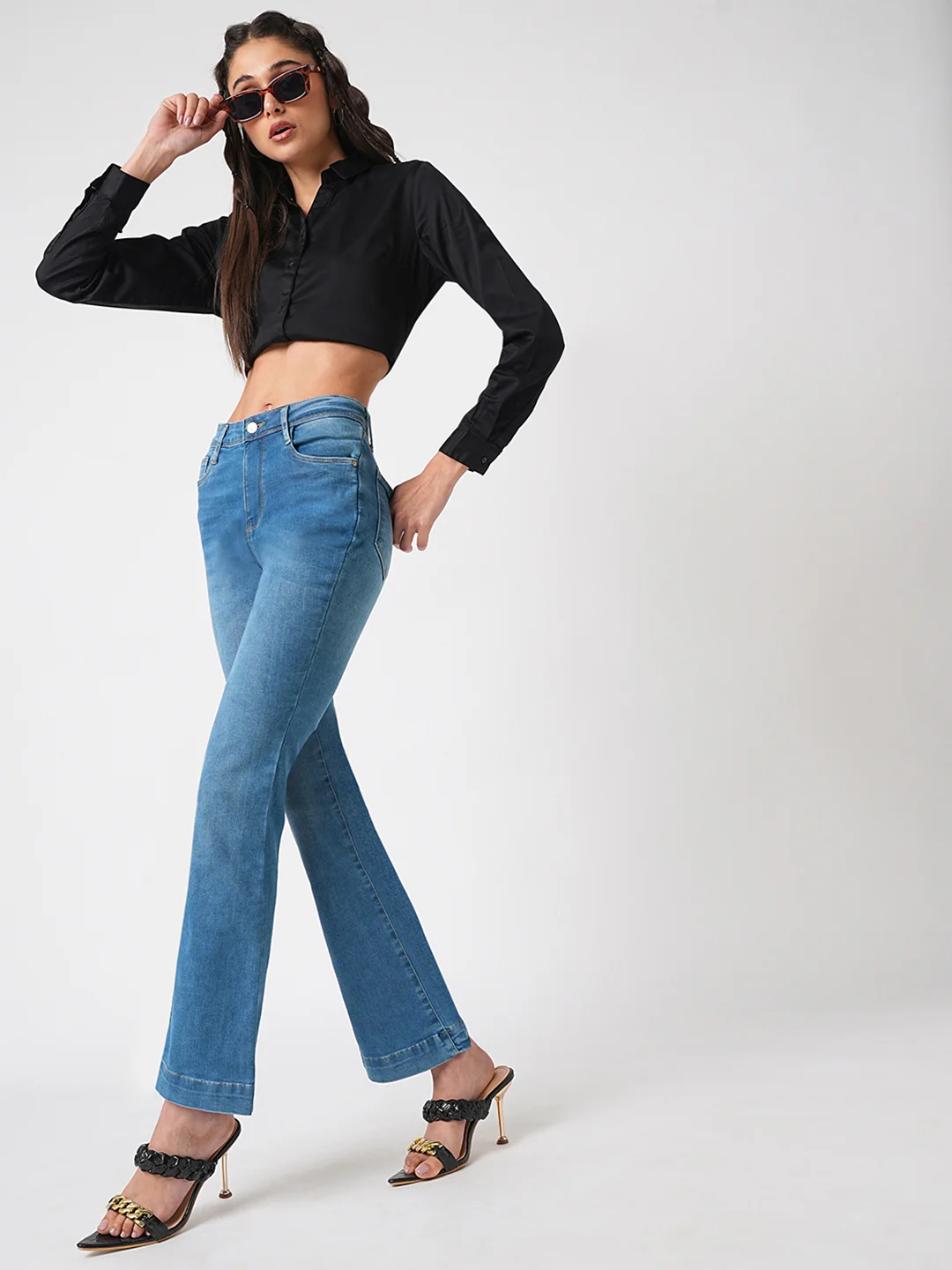 Women Blue High-Rise Mini Flare Jeans