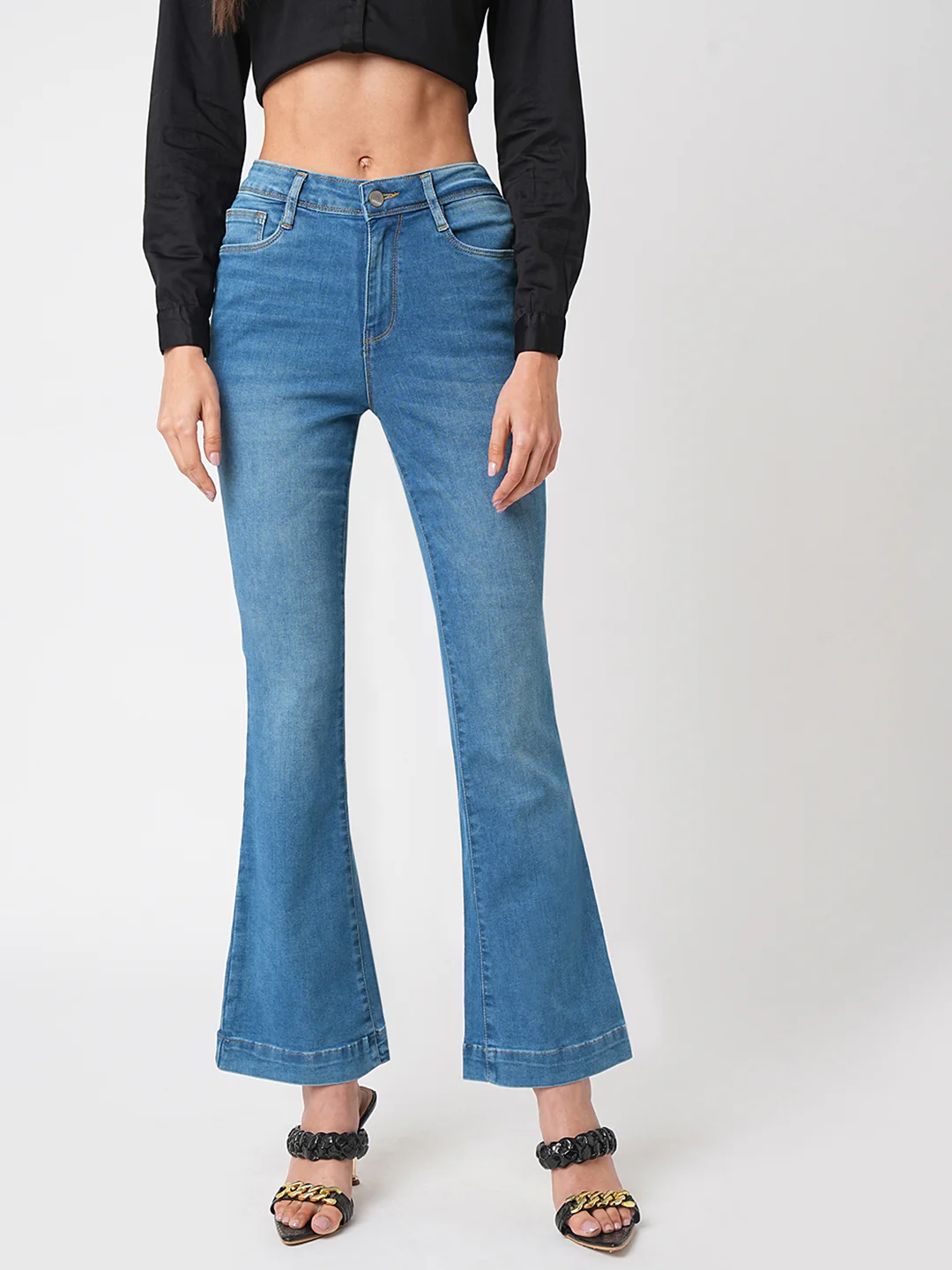 Women Blue High-Rise Mini Flare Jeans - Image 2