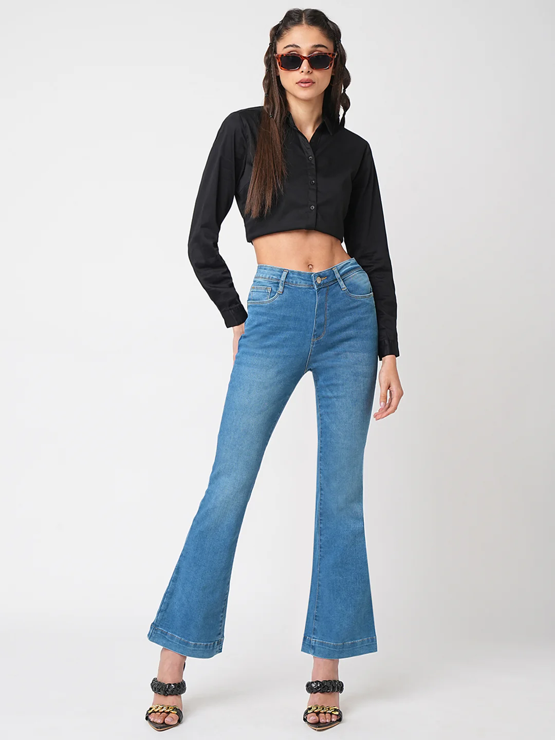Women Blue High-Rise Mini Flare Jeans - Image 4