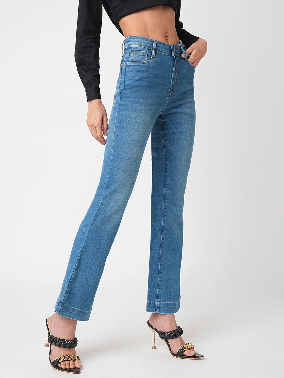 Women Blue High-Rise Mini Flare Jeans - Image 6