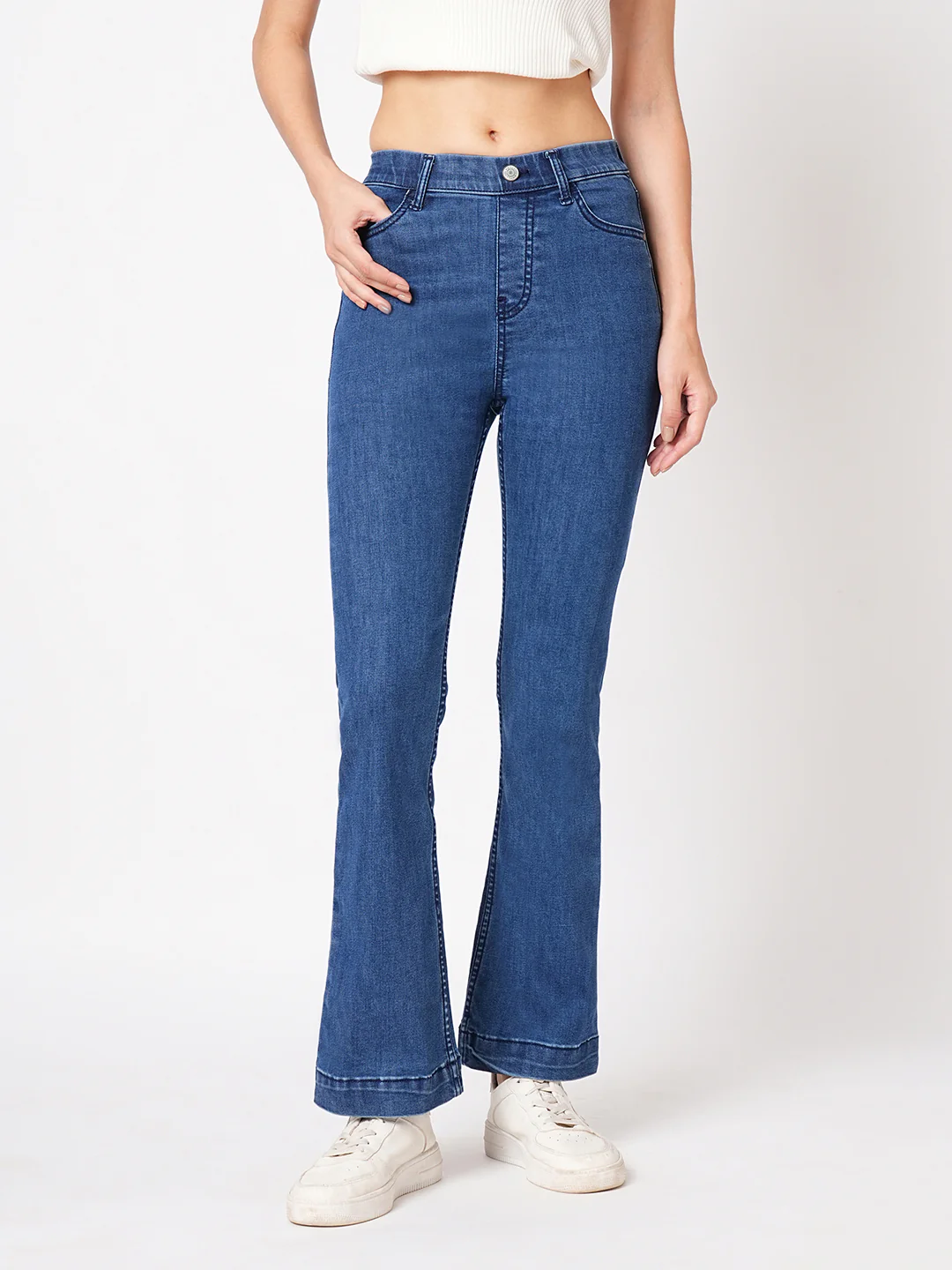 Women Blue High-Rise Mini Flare Jeans - Image 2