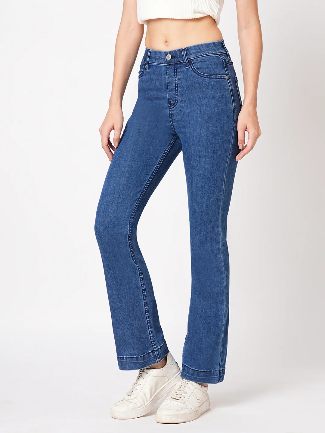 Women Blue High-Rise Mini Flare Jeans - Image 6