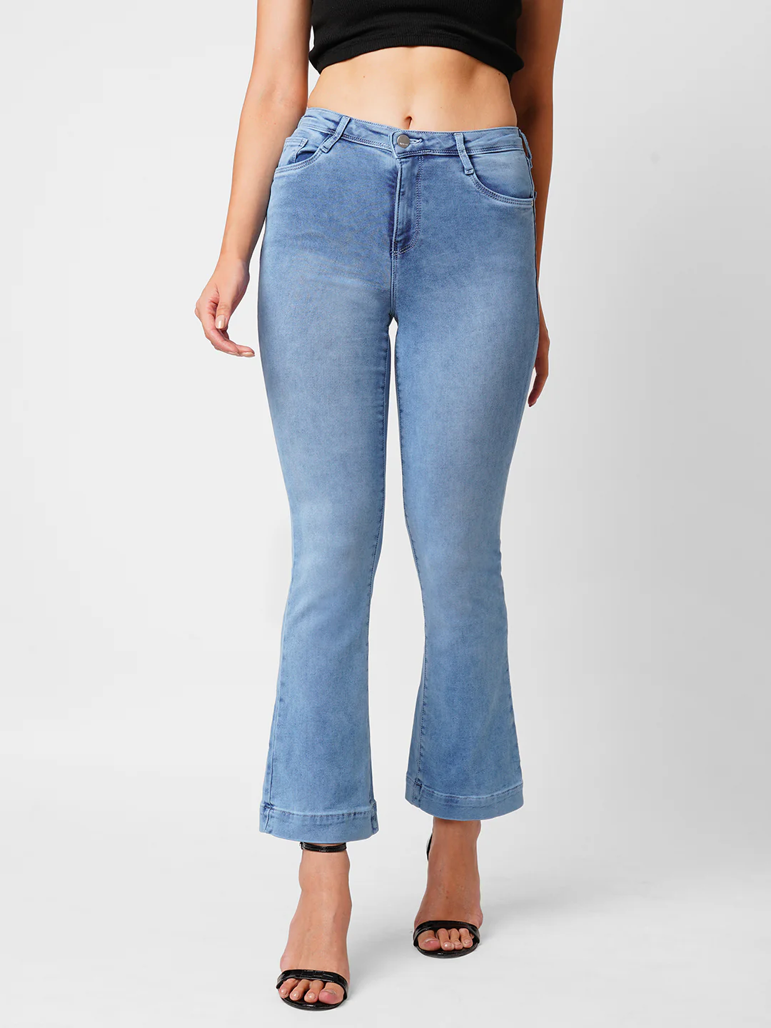 Women Blue High-Rise Mini Flare Jeans - Image 2