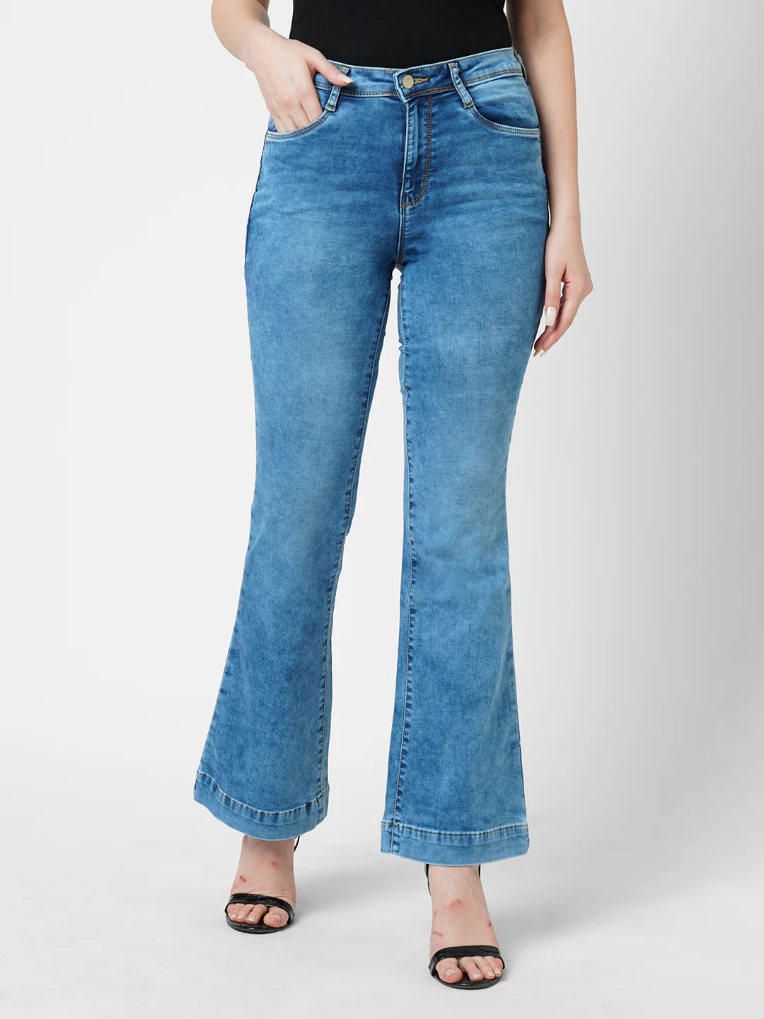 Women Blue High-Rise Mini Flare Jeans - Image 2