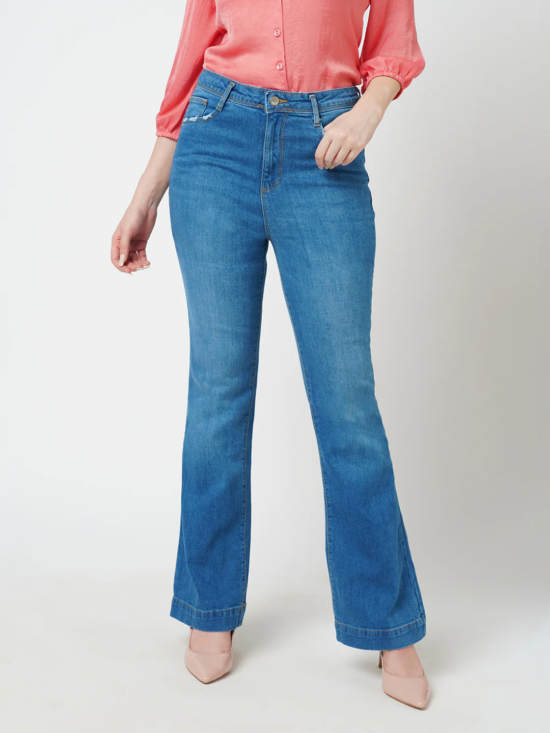 Women Blue High-Rise Mini Flare Jeans - Image 2