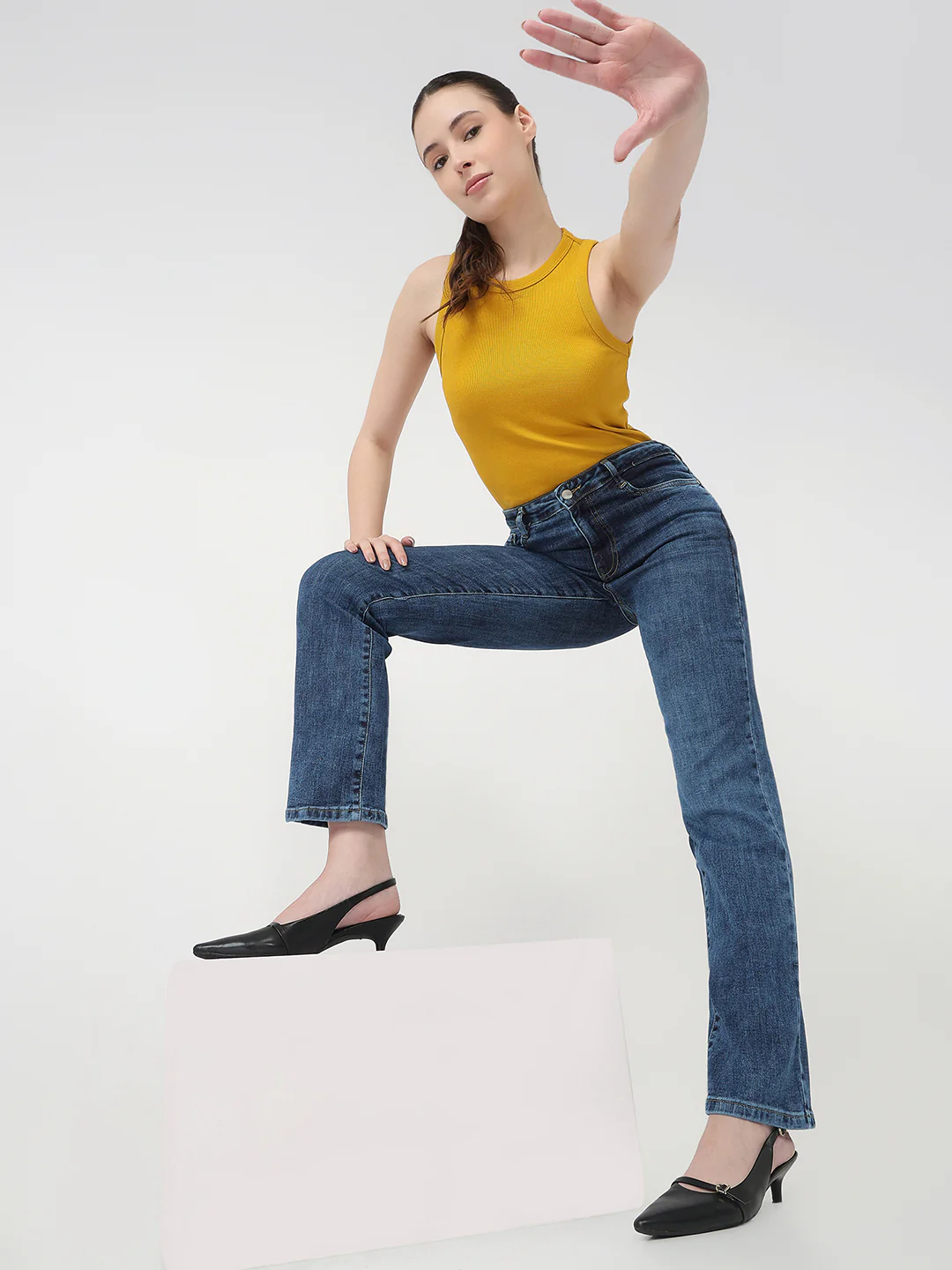Women Blue High-Rise Slim Straight Jeans