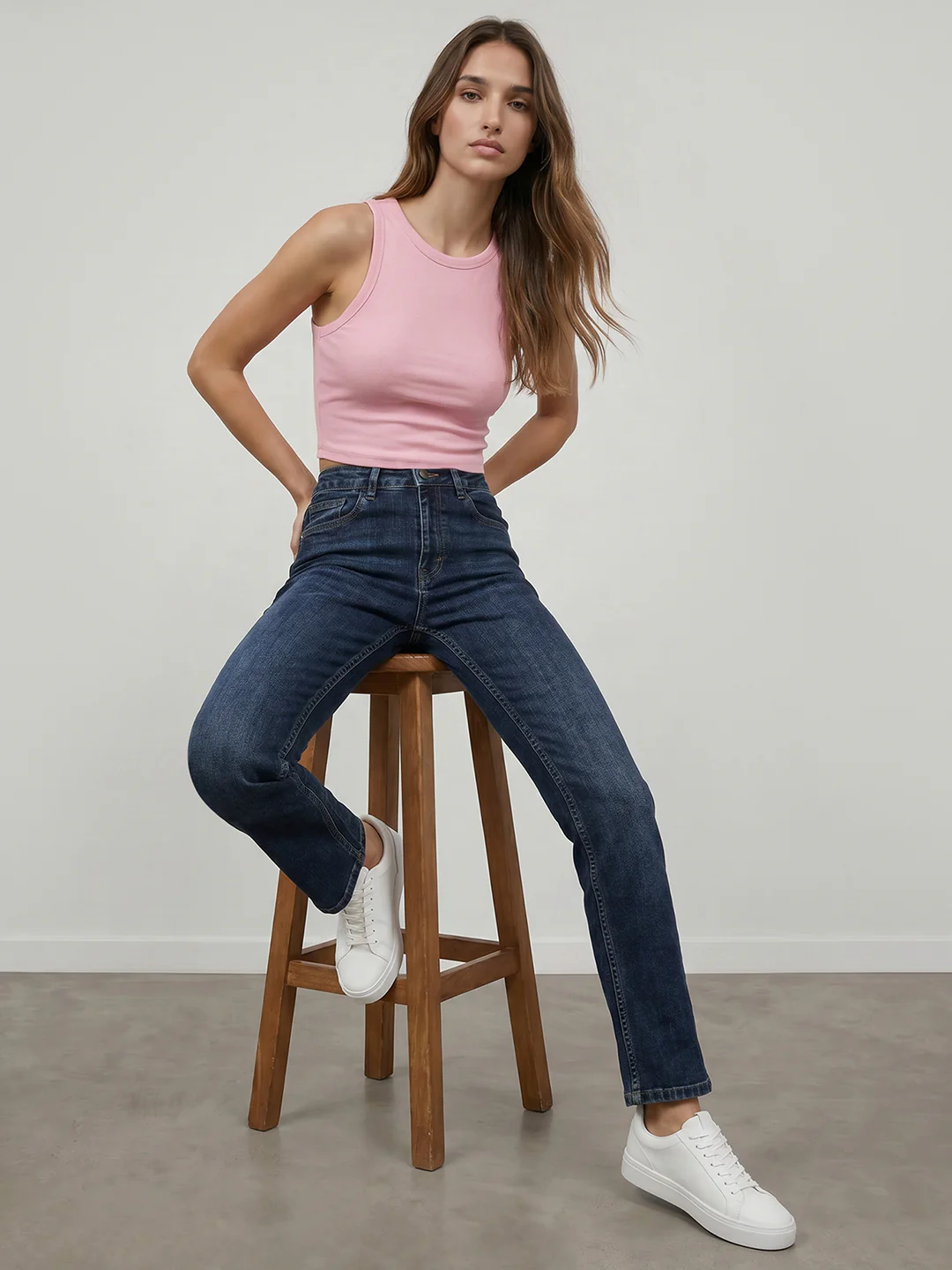 Women Blue High-Rise Slim Straight Jeans