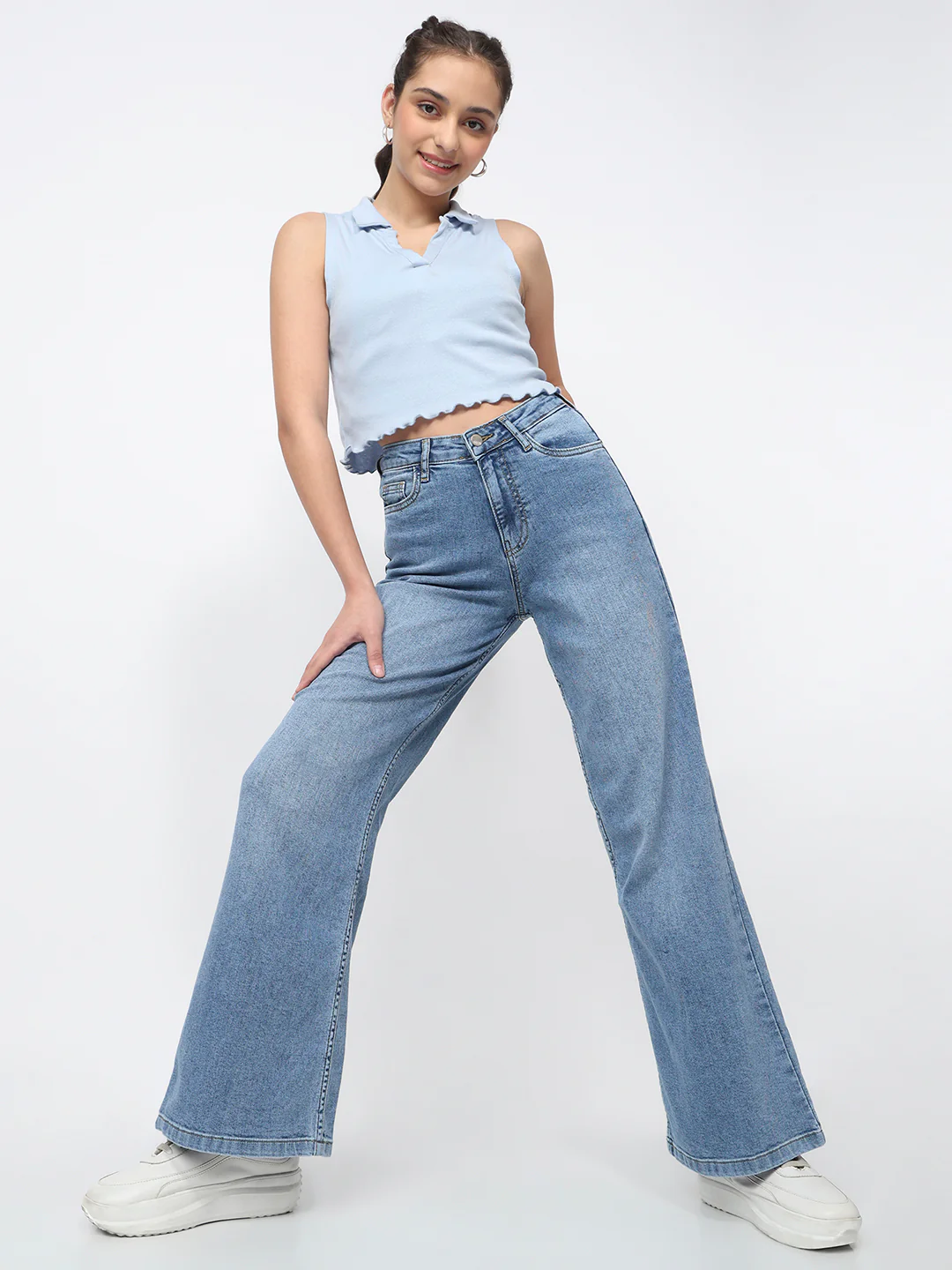 Women Blue High-Rise Super Wide Leg Jeans
