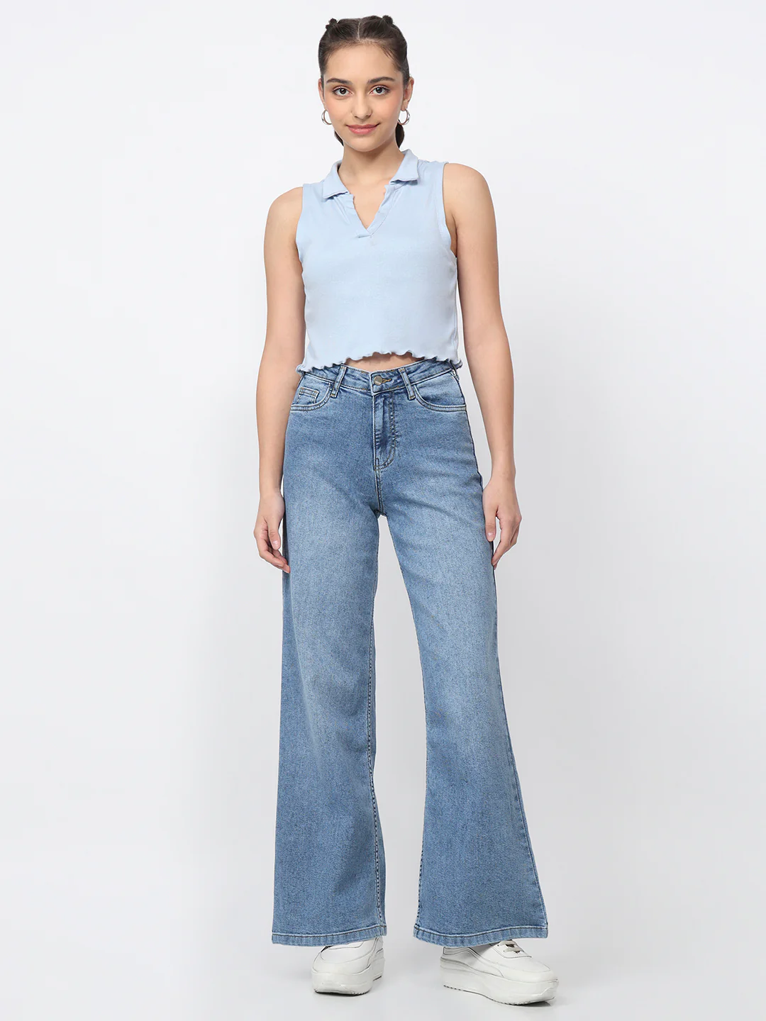 Women Blue High-Rise Super Wide Leg Jeans - Image 4