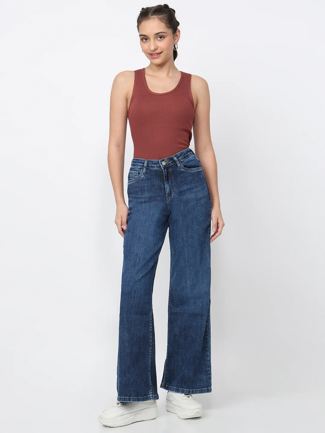 Women Blue High-Rise Super Wide Leg Jeans - Image 4