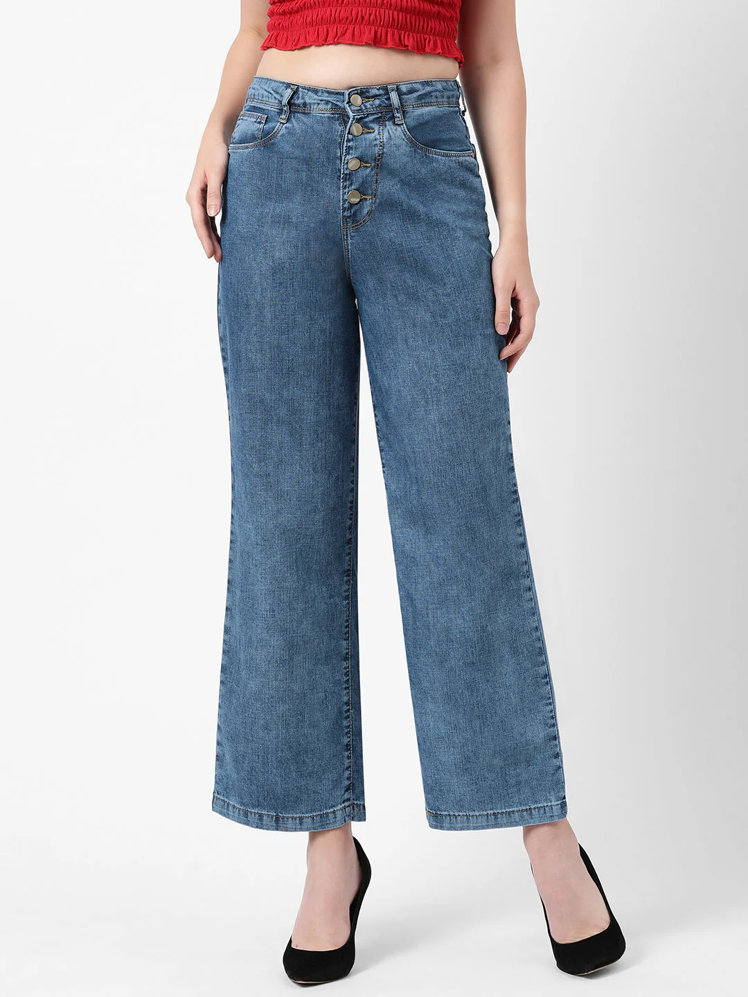 Women Blue High-Rise Wide Leg Jeans - Image 2