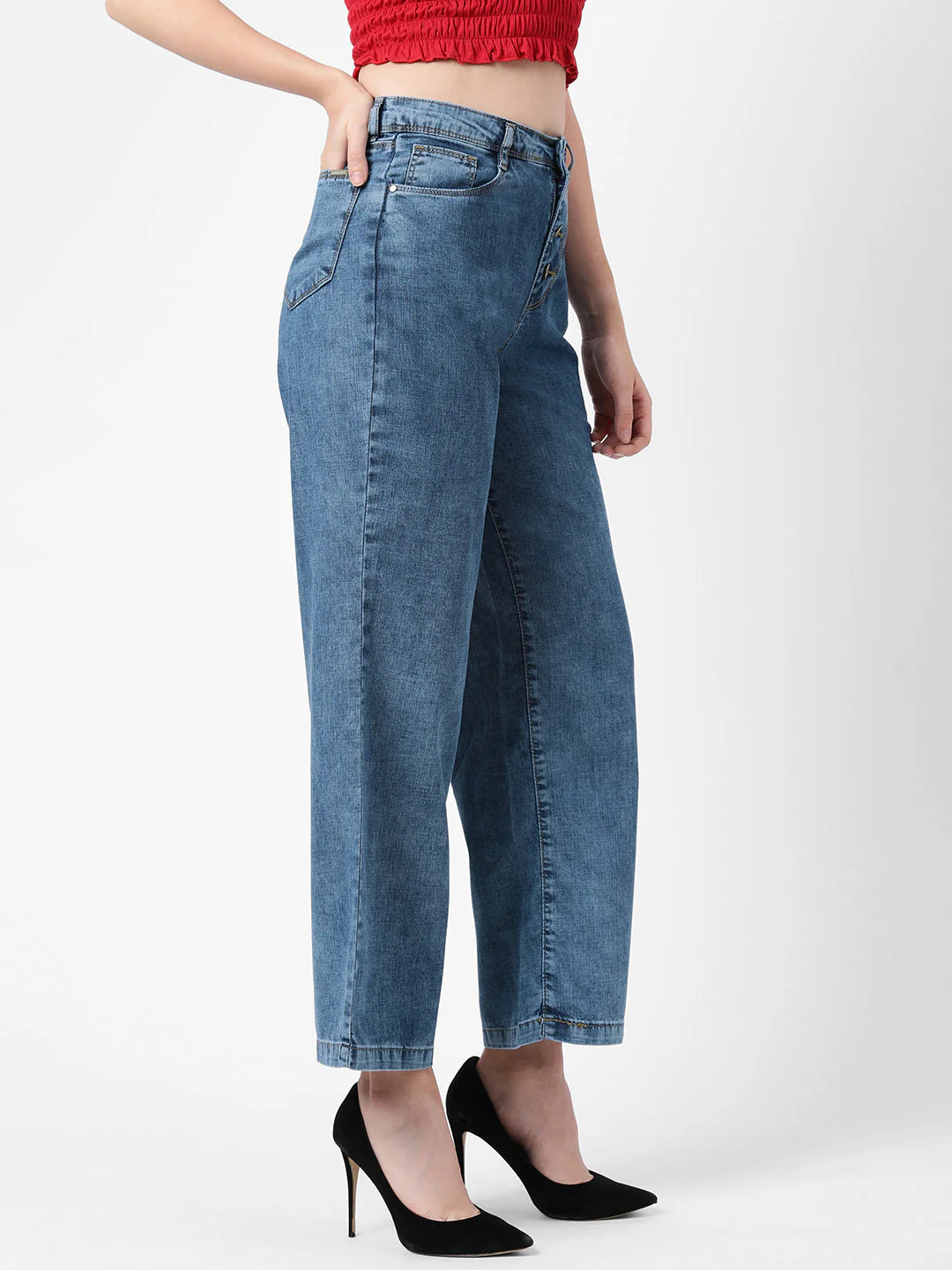 Women Blue High-Rise Wide Leg Jeans - Image 6