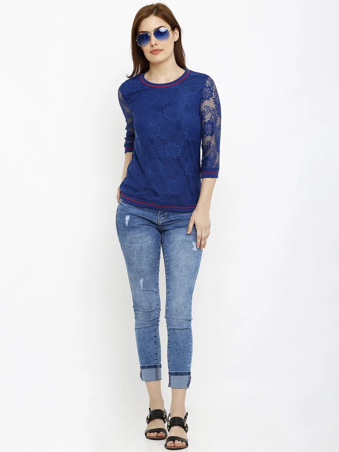 Women Blue Lace Top