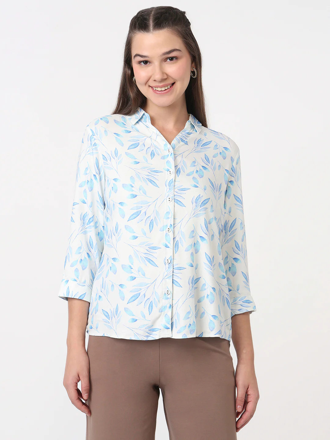 Women Blue Leaf Slim Fit Shirt - Image 2