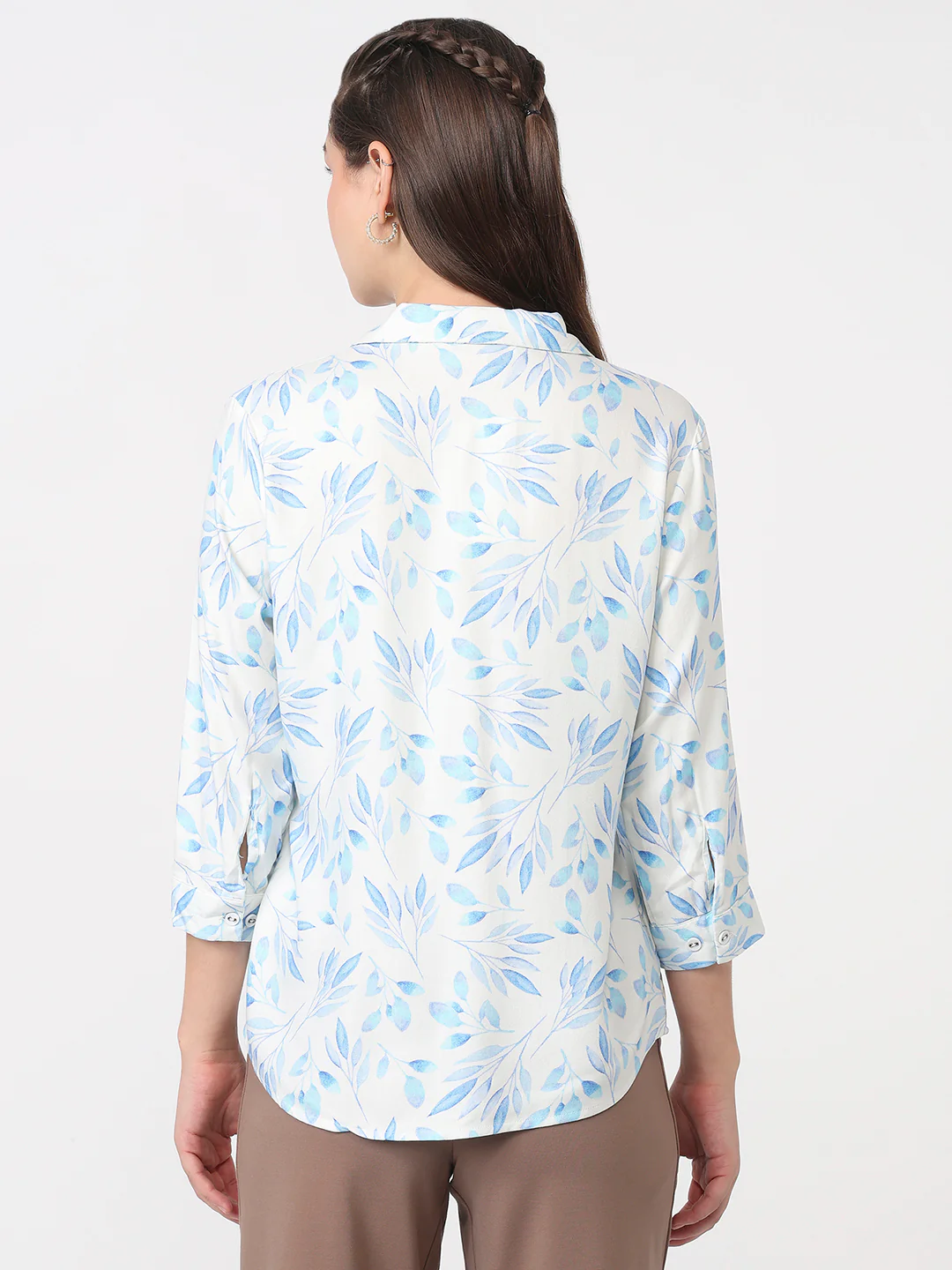 Women Blue Leaf Slim Fit Shirt - Image 3