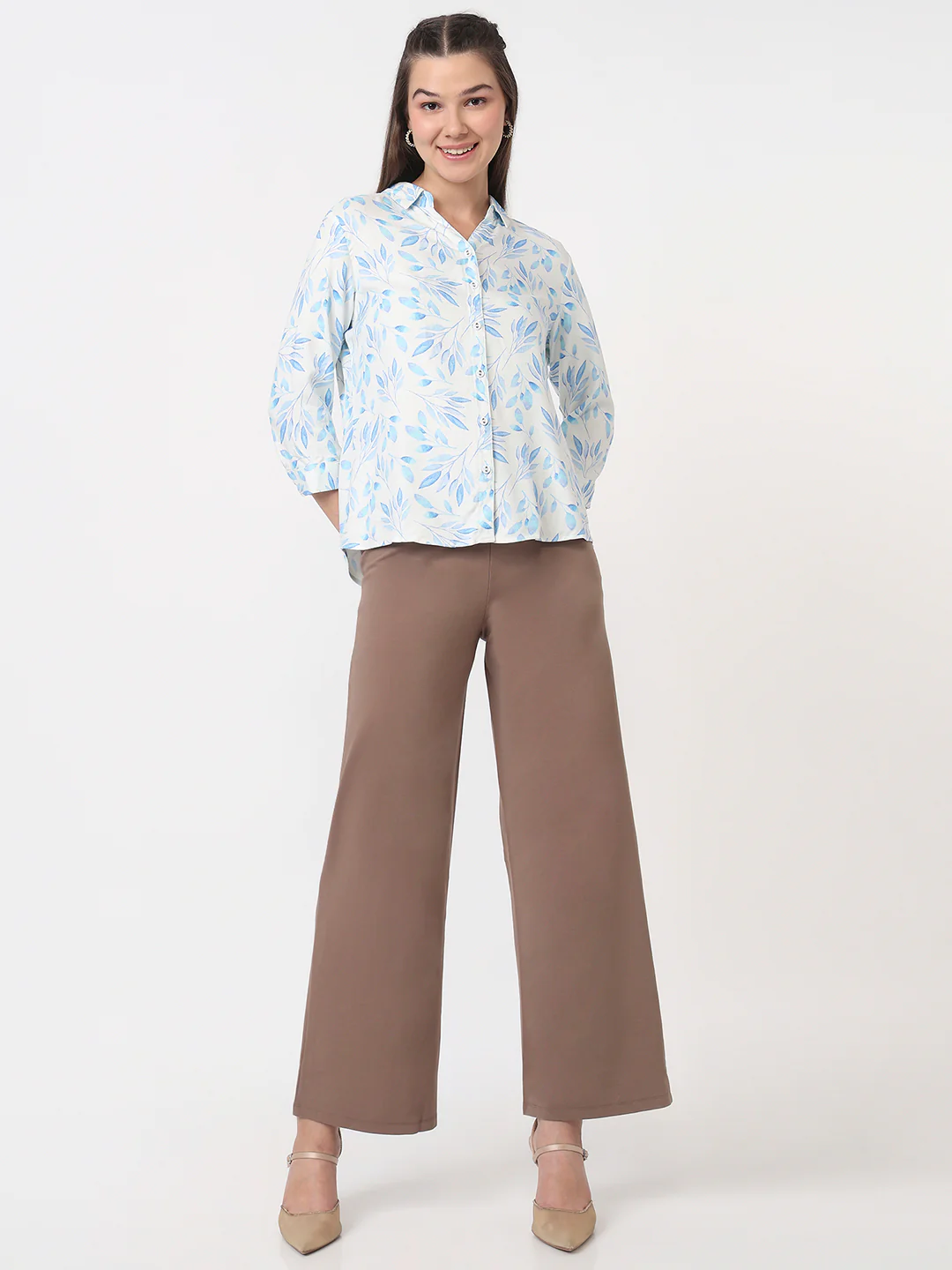 Women Blue Leaf Slim Fit Shirt - Image 4