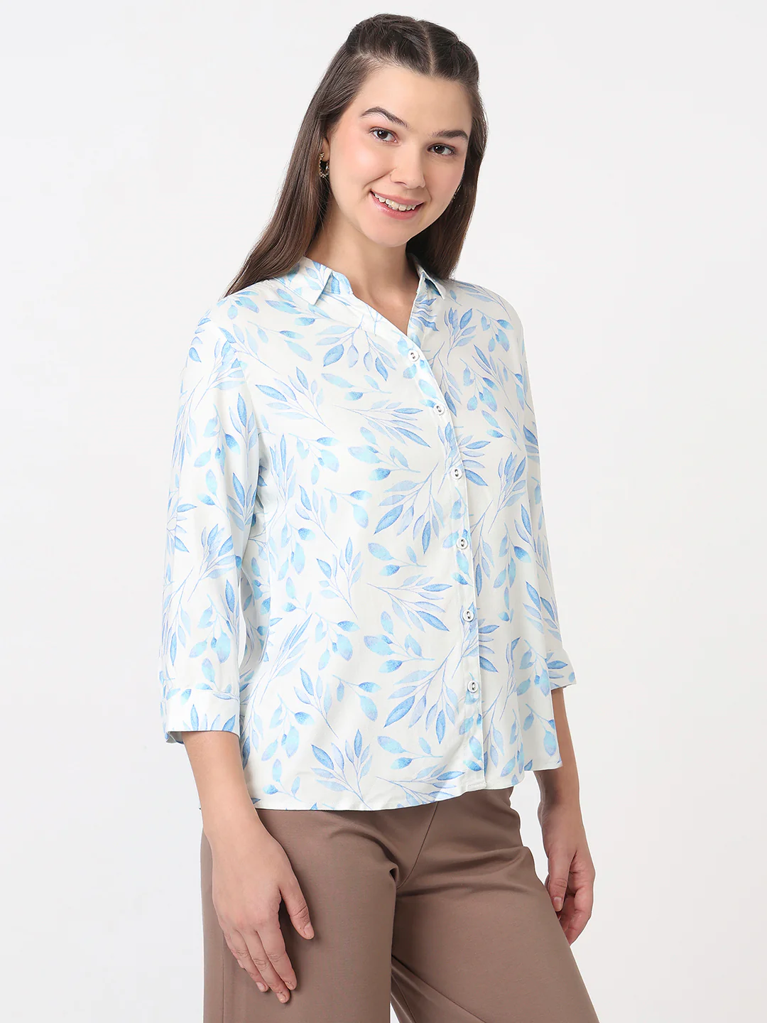 Women Blue Leaf Slim Fit Shirt - Image 5