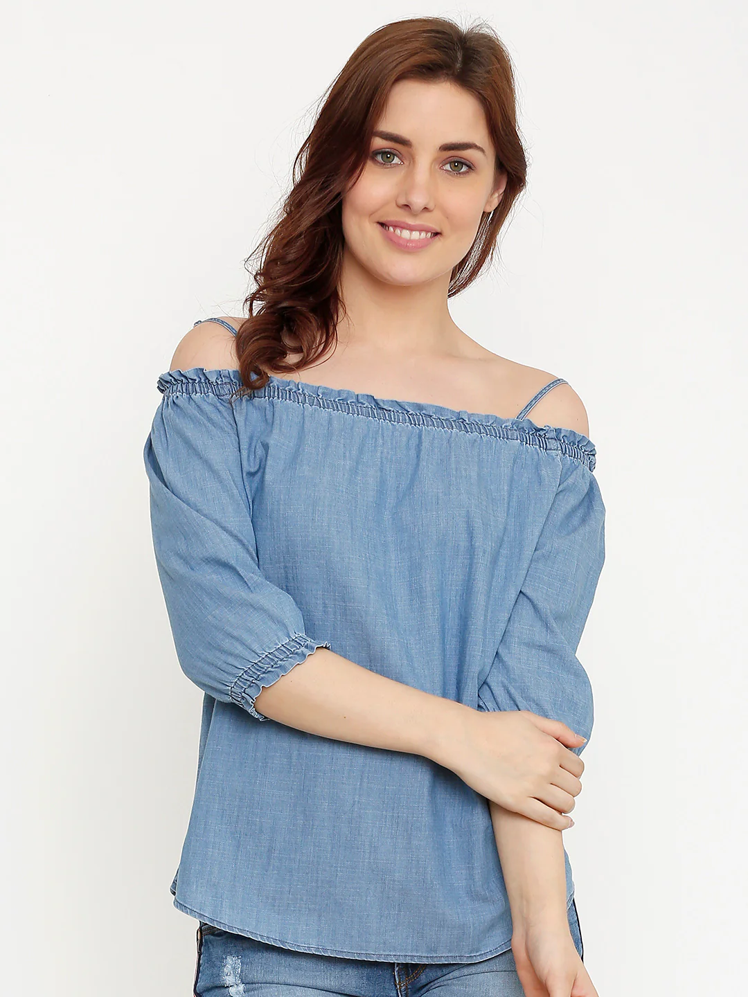 Women Blue Off Shoulder Top - Image 2