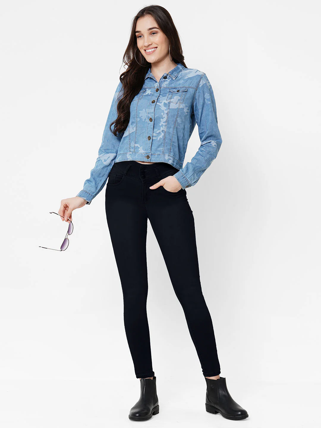 Women Blue Printed Crop Jacket - Image 3
