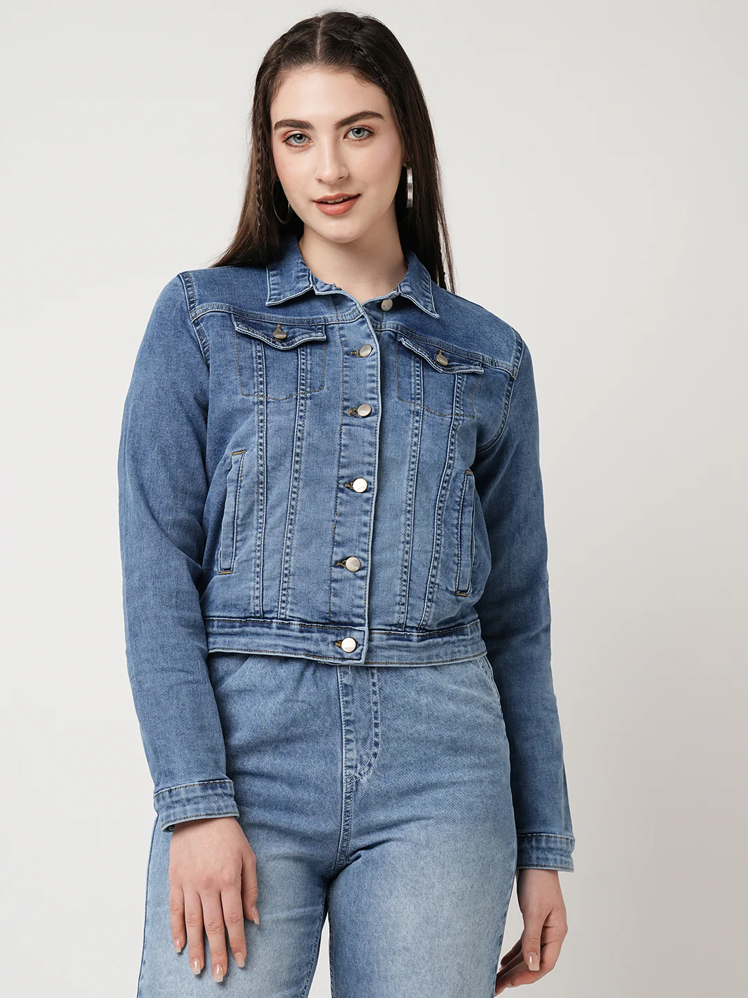 Women Blue Slim Fit Denim Jacket - Image 2