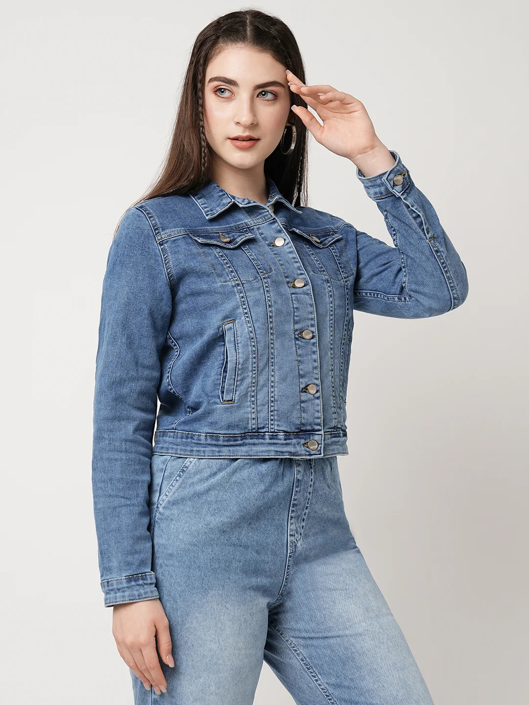 Women Blue Slim Fit Denim Jacket - Image 4
