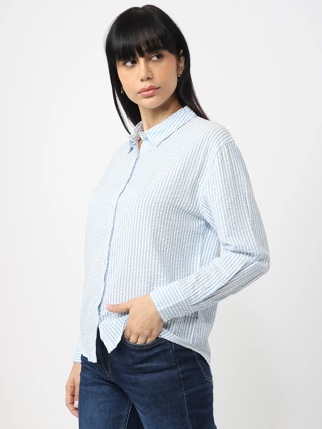 Women Sky/White Slim Fit Oversized Shirt - Image 6