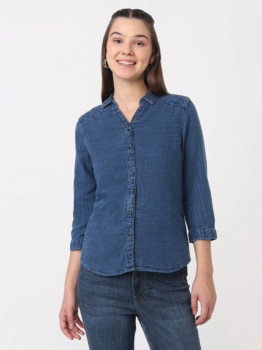 Women Blue Slim Fit Shirt - Image 2