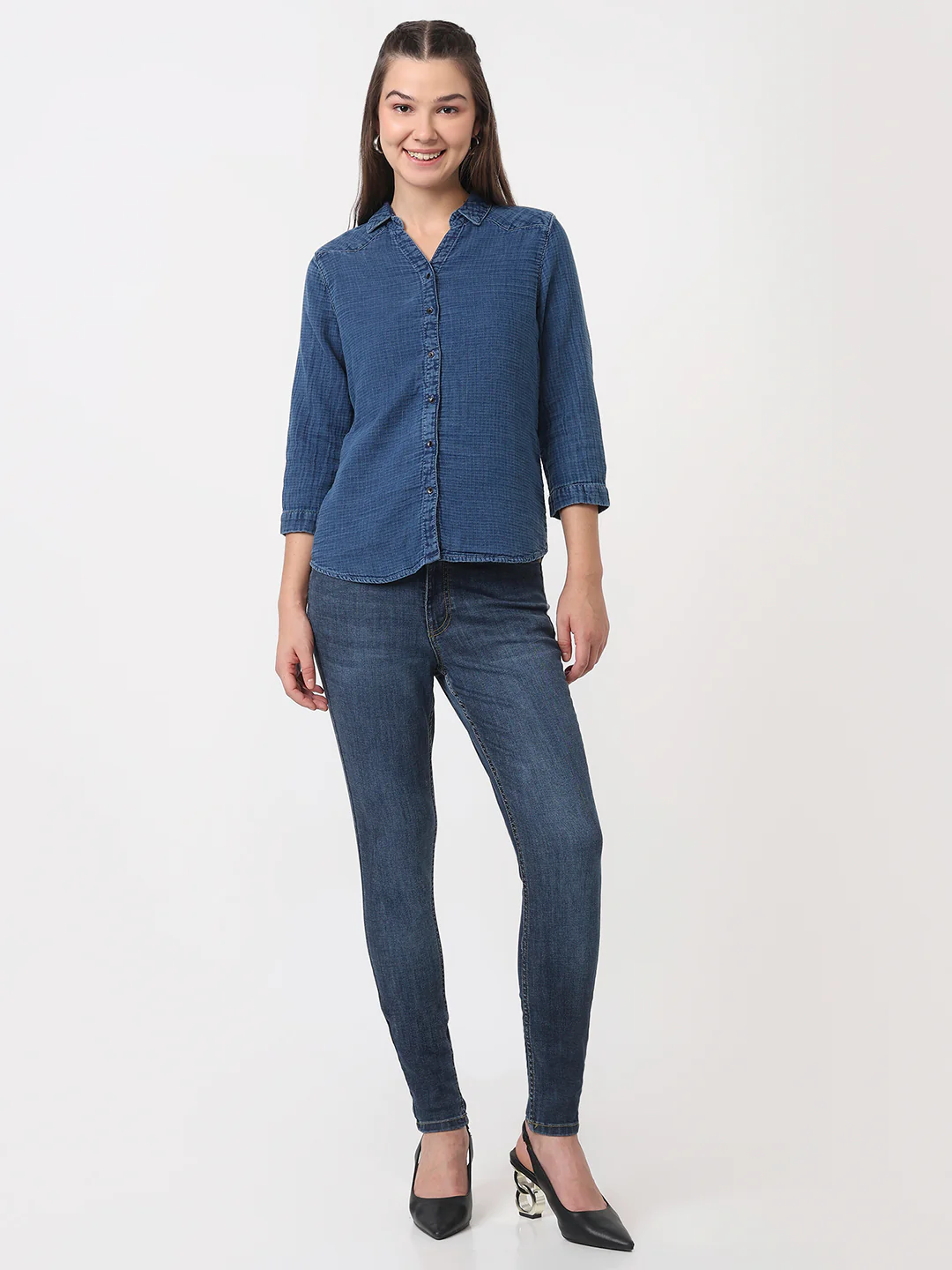Women Blue Slim Fit Shirt - Image 4