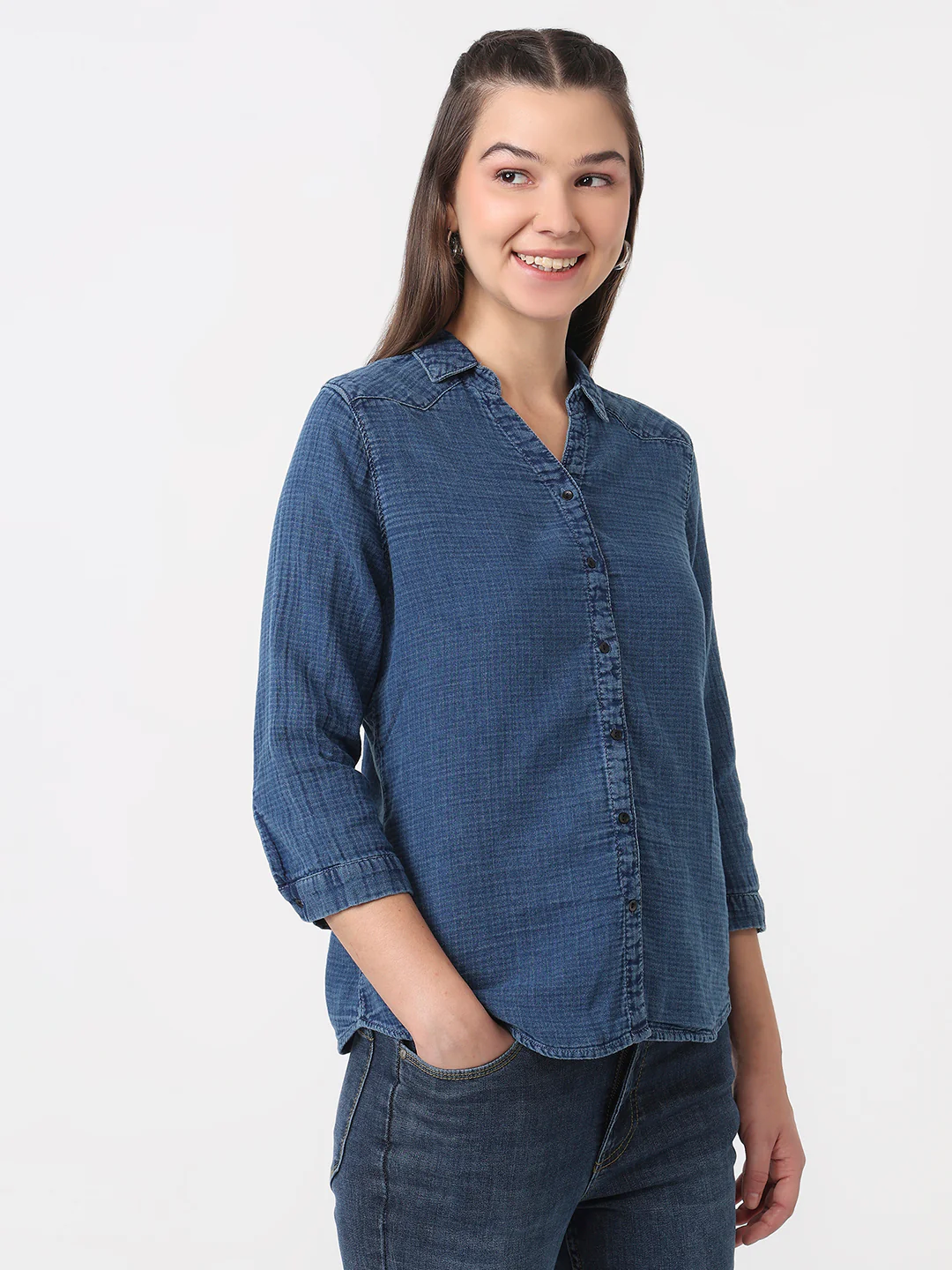 Women Blue Slim Fit Shirt - Image 5