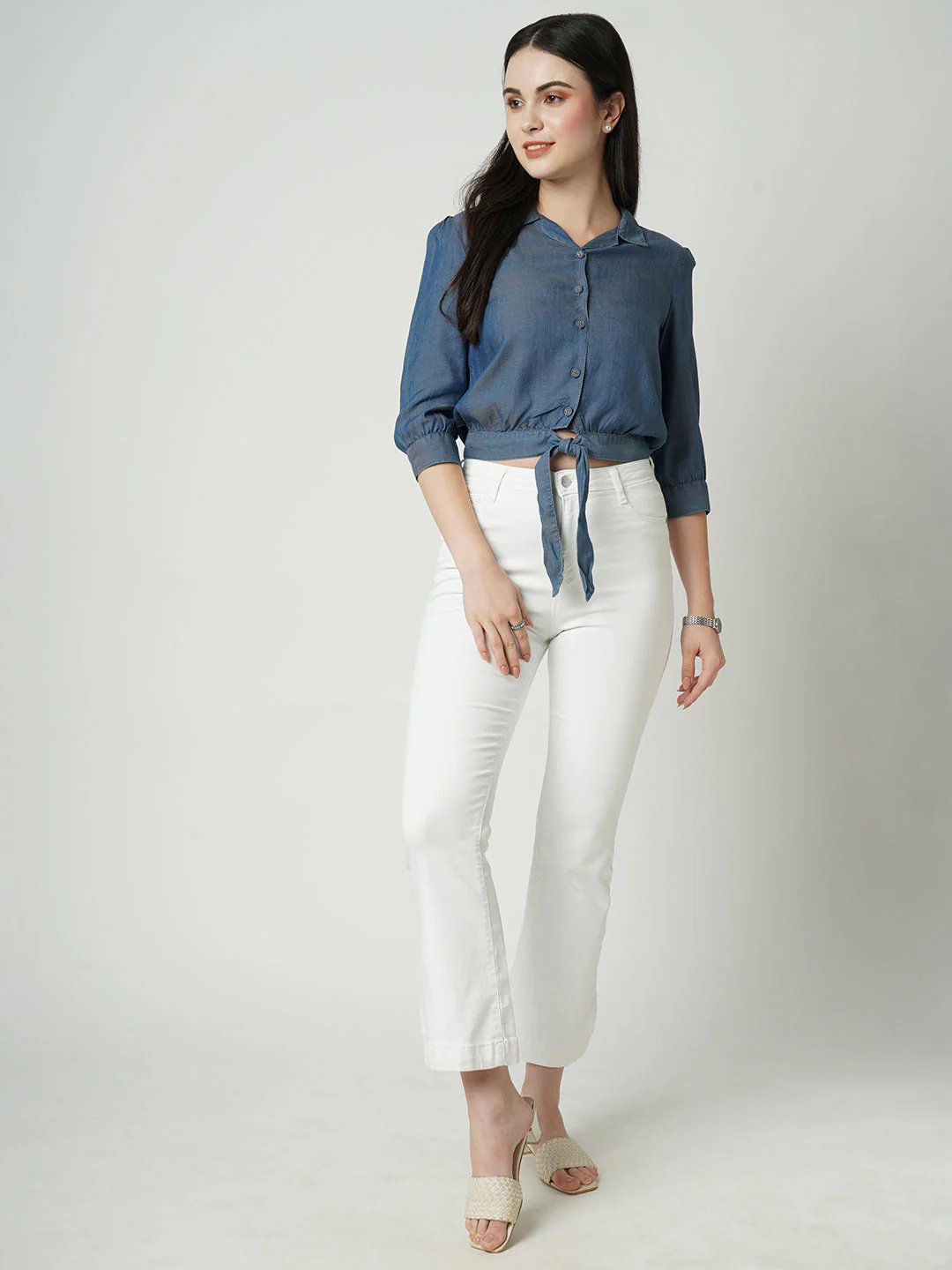 Women Blue Slim Shirt - Image 2