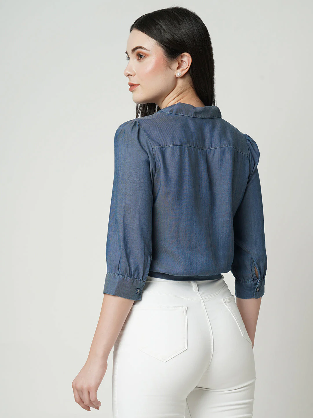Women Blue Slim Shirt - Image 3