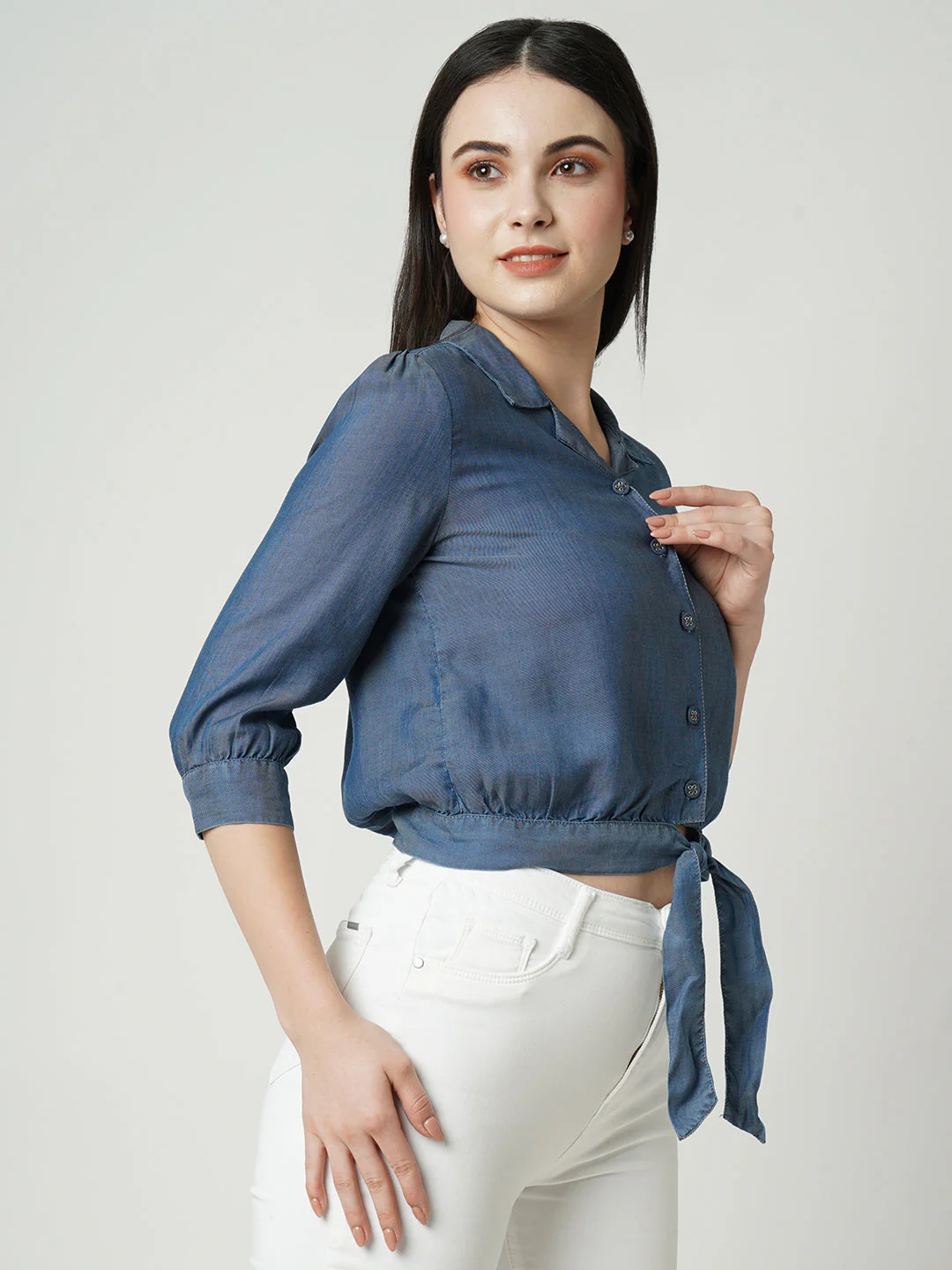 Women Blue Slim Shirt - Image 4