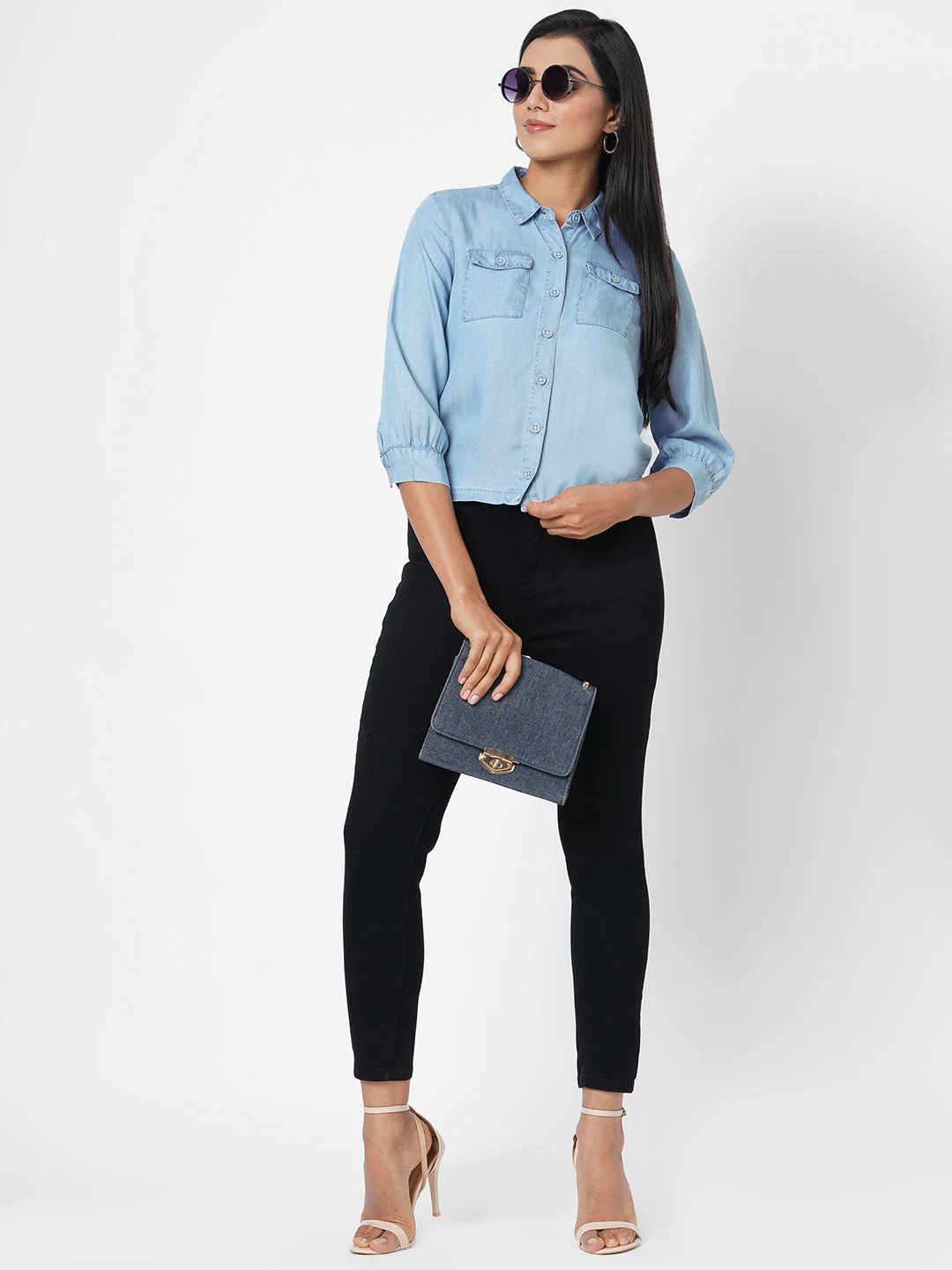 Women Blue Solid Crop Denim Shirt - Image 2